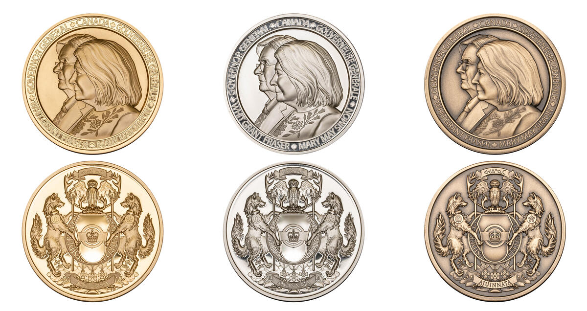 Picture of Governor General ACMED medals in gold silver and bronze, front and back configuration